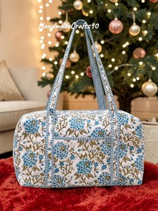 Handcrafted Indian Cotton Quilted Floral Duffle Tote <b>Bag</b> for Women Boho Block Print Travel <b>Beach</b> Vintage Shoulder <b>Bag</b> - Product Image 2