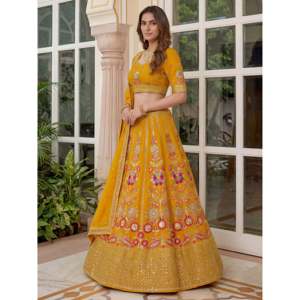 Alluring Yellow <b>Sequins</b> Georgette Wedding Lehenga Choli for Women - Product Image 4