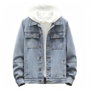 Men's Denim <b>Jacket</b> Hooded Windproof Turn-down Collar Spring Outerwear Mens Light Blue Denim <b>Trucker</b> <b>Jacket</b> with Detachable White - Product Image 1