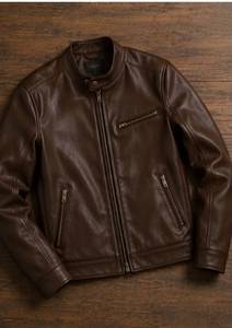 Blouson moto matelassé vintage unisexe en cuir PU marron, col mandarin, fermeture éclair, coupe classique, style hiver, ODM - Product Image 4