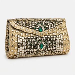 Handcrafted Metal & Pearl Kundan <b>Mirror</b> Work Mosaic Bags with Ornate Detailing for Festive Fashion Gifting and Evening Parties - Product Image 5