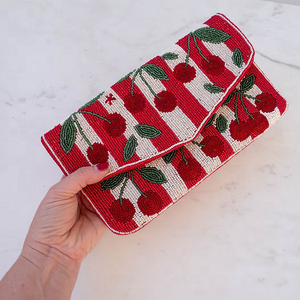 Handmade Red Cherry Beaded Clutch Purse Rectangular Cotton Embroidered Evening Bag - Product Image 1