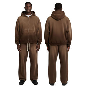 Ensemble de survêtement pour homme en molleton de coton marron, comprenant un sweat à capuche zippé surdimensionné et un pantalon de survêtement à jambes larges, décontracté deux pièces - Product Image 6