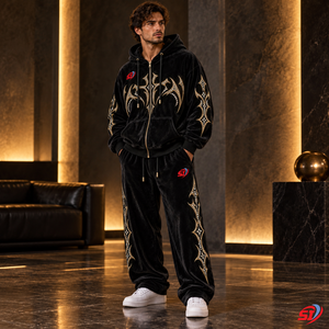 Midnight Gothic Crystal Custom Velour Velvet Tracksuit 280 <b>GSM</b> Rhinestone Crystal <b>Hoodie</b> and Pants Set Custom <b>Hoodie</b> and Pant - Product Image 2