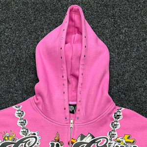 เสื้อสเวตเตอร์มีฮู้ดซิปสีชมพูสำหรับผู้ชายพิมพ์ลายดีไซน์ทางศาสนาสไตล์ฮิปฮอปสวมใส่ในฤดูใบไม้ร่วง - Product Image 2