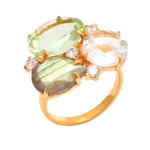 Attractive 925 Sterling Silver Multi Chalcedony 3 Gemstone Gold Plated Handmade High Quality Party Wear Ring