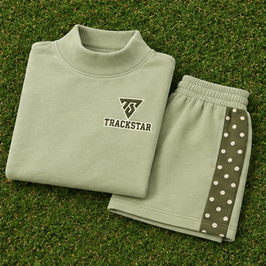 Women's Light Olive Polka Sleeve Mock Neck 2-Piece <b>Shorts</b> <b>Set</b> Custom Casual Sportswear - Product Image 6