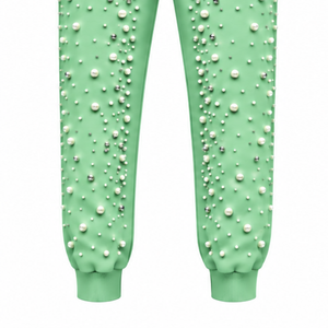 Custom Mint Green Pearl Beaded Jogger Pants <b>Women</b> Luxury Embellished Drawstring Sweatpants Casual Streetwear Fleece <b>Trousers</b> - Product Image 6