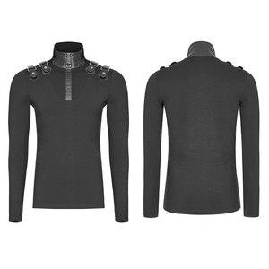 <b>Men's</b> Gothic Longsleeve Shirt Slim Fit T-Shirt with Faux Leather Stand-up Collar and D-Ring Shoulder Straps - Product Image 4
