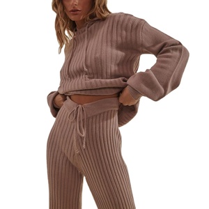 Ensemble de survêtement en tricot d'hiver pour femmes, couleur unie, sweat à capuche et pantalon, pull formel, 2 pièces - Product Image 1