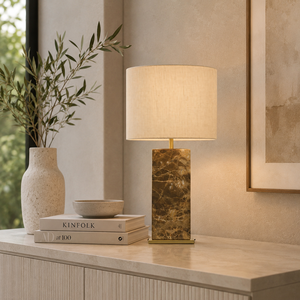Luxury Brown Marble <b>Table</b> Lamp With Rectangular Stone Base Premium Linen Shade Sophisticated Ambient Lighting And Contemporary - Product Image 1