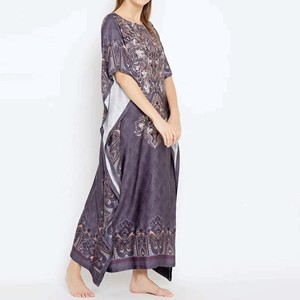 Women's Purple Paisley Print <b>Kaftan</b> Maxi Dress O-Neck Cap Sleeve Ankle-Length Modest Evening Wear Chiffon Fabric - Product Image 3