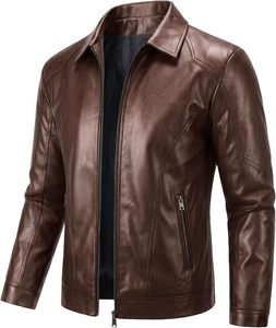 Veste en cuir PU marron pour homme, style motard, col rabattu, fermeture éclair, poches latérales zippées, coupe ajustée, pour l'automne - Product Image 4