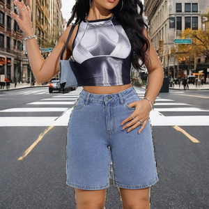 Shorts en jean taille haute amples style vintage pour femme OEM 2026 – Nouveau style streetwear respirant à jambe large - Product Image 3