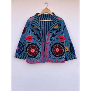 Chaqueta Varsity Bordada a Mano con Diseño Suzani, Estilo Bohemio, Color Azul, para Otoño e Invierno, Chaqueta Duster de Algodón y Terciopelo con Botones para Mujer - Product Image 2