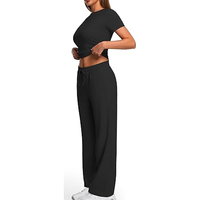 Ensemble décontracté 2 pièces pour femme, haut court à manches courtes en modal uni avec lacets et cordon de serrage, et pantalon de survêtement large en toile, toutes saisons