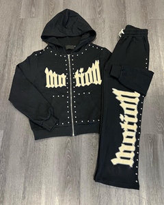 Conjunto de Sudadera con Cremallera y Pedrería No Kill, Pantalones Deportivos, Chándal Urbano Negro de Manga Larga para Otoño - Product Image 3