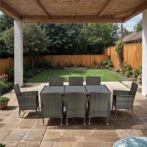 Set da pranzo da esterno in vimini a 9 pezzi, vimini grigio con piano in vetro e cuscini neri, set di mobili da giardino - Product Image 2