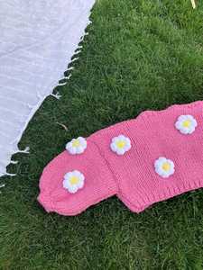 Pink Hand Knitted Puff Sleeve Sweater With Daisy Flowers Crew Neck Women's Autumn Pullover Sweet Style Thick Acrylic Knitwear - Product Image 5