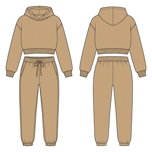 Ensemble jogging deux pièces beige kaki pour femme, sweat-shirt court, vente en gros - Product Image 2