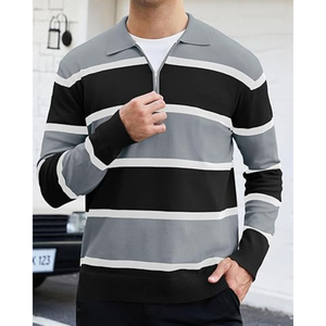 Chemise à col zippé mi-longue rayée pour homme, en maille à manches longues, décontractée, pour le golf, en polyester, anti-UV, impression numérique - Product Image 4