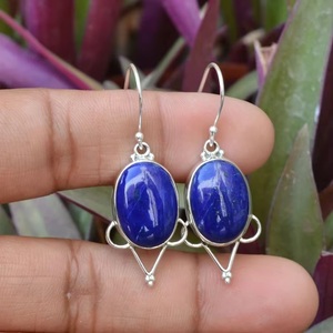 Boucles d'oreilles en argent sterling 925 avec lapis-lazuli bleu, faites à la main, ovales, en pierre précieuse, bijoux fins pour femmes - Product Image 4