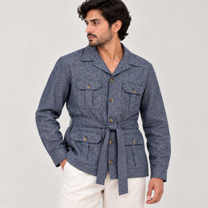 <b>Men's</b> Pure <b>Linen</b> Safari <b>Jacket</b>-Blue Long Sleeve Utility <b>Jacket</b> with Multiple Pockets and Waist Tie Belt - Product Image 1