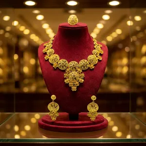 Juego de Joyería Nupcial de Lujo en Latón Chapado en Oro para Mujer |   Conjunto de Collar y Pendientes Tradicionales para Boda |   Diseño Floral Clásico para Fiesta Africana - Product Image 3