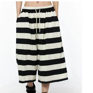 Womens Baggy <b>Wide</b> <b>Leg</b> Sweat <b>Shorts</b> Blue Black Striped Knee Length Bermuda Jorts Elasticated Drawstring Waist Casual Lounge Pants - Product Image 5