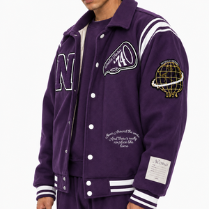 Purple Men's Varsity <b>Jacket</b> With Embroidered N Logo And Patch Preppy Style Wool Polyester Blend <b>Thick</b> Winter Coat - Product Image 1