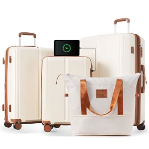 4 pezzi espandibili PP Set bagaglio leggero di 360 gradi Spinner ruote marrone avorio borsa da viaggio porta valigia Set - Product Image 1