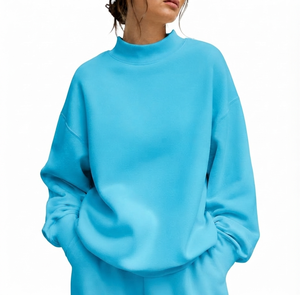 เสื้อสเวตเชิ้ตคอเต่าทรงโอเวอร์ไซส์สำหรับผู้หญิง สีพื้น แขนยาวทรงหลวม ผ้าถักเนื้อฝ้ายฟลีซ เหมาะสำหรับฤดูหนาว สไตล์สตรีทแวร์ลำลอง - Product Image 1