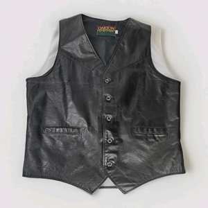 Genuine Leather <b>Black</b> Motorcycle Biker Vest Classic Western Waistcoat <b>Button</b> Front Sleeveless Riding Vest with Pockets - Product Image 1