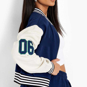Varsity Jacket Women's Blue White Letterman Bomber Coat Embroidered 06 Patch Preppy Style Zipper Closure Short Length - Product Image 5