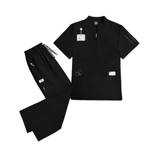 Ensemble de blouses médicales personnalisées unisexe en coton et polyester noir, uniforme d'hôpital, haut et pantalon avec poches et porte-badge - Product Image 1