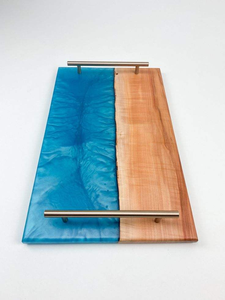 Bespoke Burl Wood Navy Blue <b>Epoxy</b> Resin Serving Tray Rose Gold Handles Luxury Charcuterie Board Decorative Kitchen - Product Image 4
