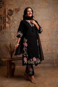 Conjunto de Traje Bordado de Diseño en Algodón Negro Premium de 60x60 con Pantalones y Dupatta a Juego para Mujer, Ropa Festiva - Product Image 2