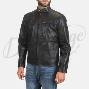 Chaqueta de cuero negra para hombre, estilo racer, piel de oveja auténtica de primera calidad, corte ajustado, cuello alto, con cremallera, informal, a la moda, para motocicleta. - Product Image 4