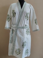 Robe Kimono en Coton Imprimée à la Main, Motif Floral Géométrique Vert, Style Jaipuri Bohème, Coupe Ample, Idéale pour Spa, Hôtel, Resort, Vente en Gros pour Adultes