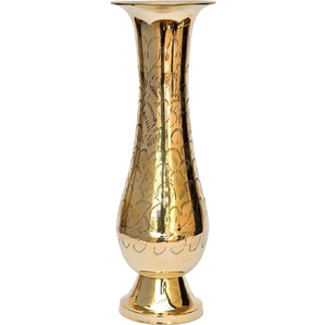 Elegant tall slender brass <b>gold</b> flower <b>vase</b> showing off beautiful intricate textured engravings, available at wholesale prices. - Product Image 1