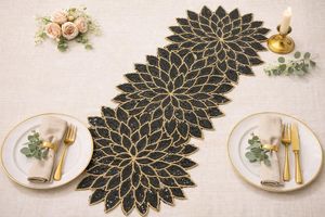 Handmade Beaded Knitted Stripe <b>Table</b> <b>Runner</b> Ivory Gold Embroidered Design Elegant Polyester/Cotton <b>Table</b> Decoration Hotel Use - Product Image 4