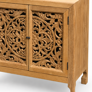 Handcrafted Solid Wood Carved 2 Door Cabinet with Ornate Floral Panels <b>Rustic</b> Indian Boho Style Storage <b>Sideboard</b> Furniture - Product Image 3