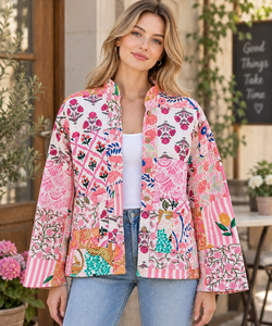 Veste en coton brodée à la main de style bohème, patchwork floral, manteau indien - Poids moyen, sur commande - Product Image 1