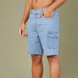 Shorts cargo en coton bleu clair pour homme, taille haute, fermeture boutonnée, décontractés, style bermuda, poches, tissu tricoté respirant, denim - Product Image 2