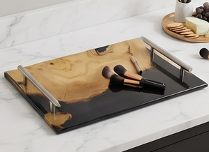 Elegant <b>Black</b> And Gold Wooden Resin Serving <b>Tray</b> With Lacquered Finish Perfect For Modern Dining Home Kitchen And Stylish Gift - Product Image 5
