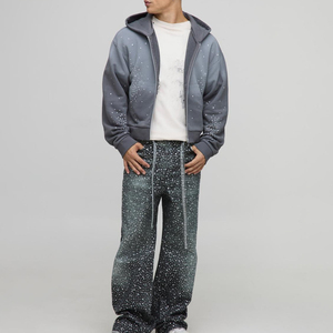 Chándal con capucha personalizado para hombre, estampado, de manga larga, corte holgado, estilo urbano de otoño, con bolsillos laterales y cremallera, con pedrería. - Product Image 1