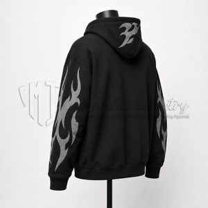 Sudadera con capucha personalizada para hombre con estampado de llamas, negra, oversize, estilo streetwear, de forro polar, al por mayor - Product Image 4