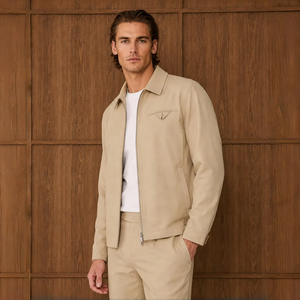 Men's Beige Denim Racer <b>Jacket</b> Quick Dry Zipper Closure Turn-down Collar <b>Smart</b> <b>Casual</b> Fit Regular Sleeve Solid Color Front Logo - Product Image 4