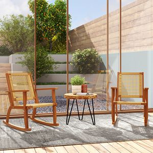 Set di 2 Sedie a Dondolo da Esterno in Legno di Acacia con Schienale in Vimini per Giardino, Colore Kaki, con Imbottitura in Poliestere per Villa - Product Image 2