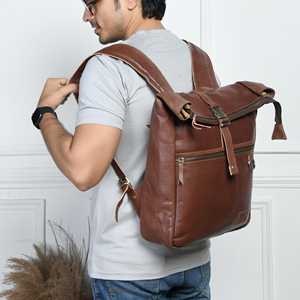 Waterproof Cowhide Leather <b>Roll</b> Top <b>Backpack</b> Outdoor Camping Bag Vintage Handcrafted Leather Rucksack LTBP-0018 - Product Image 2